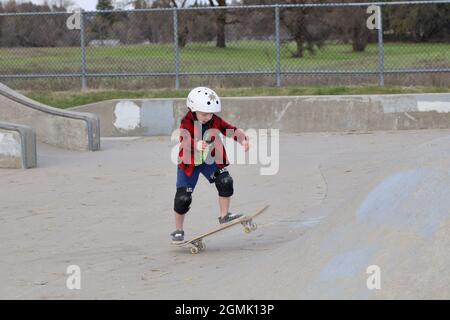 Kleine Skateboarder im Skatepark Stockfoto