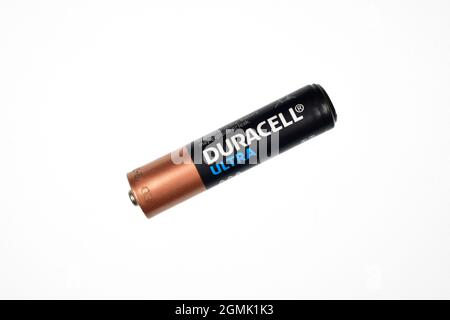 Neu Delhi, Indien, 29 Januar 2020 :Duracell Batterie isoliert auf weißem Hintergrund mit Schnittpfad Stockfoto
