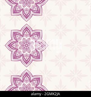 Nahtloses Bortenmuster mit rosa Mandalas. Mehndi Spitzenbordüren. Endlose Textur. Platz für Text. Vektorfarbe Hintergrund. Stock Vektor
