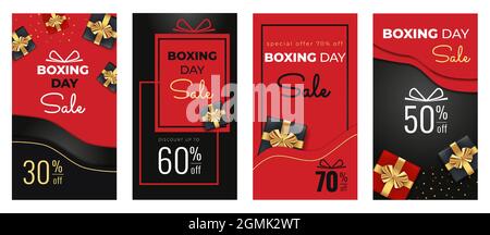 Vorlagen für den Verkauf am Boxtag für Geschichten und Nachrichten in sozialen Medien mit einer Draufsicht auf schwarze, rote Geschenkschachteln, eine goldene Schleife und einen abstrakten Hintergrund Stock Vektor