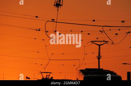 Silhouette bei Sonnenuntergang. Straßenbahnlinien in den Straßen der Stadt Melbourne Australien . Stockfoto