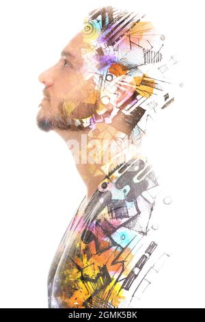 Paintographie. Farbenfrohe, aber unordentliche Malerei kombiniert mit einem Porträt eines Mannes Stockfoto