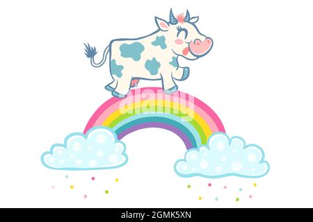 Vektordarstellung einer Kuh auf Regenbogen mit Wolken im Kawaii-Stil. Kuh und Wolken mit Konfetti und Regenbogen. Stock Vektor