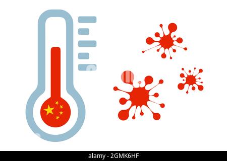 Vektor-Symbol von Thermometer und Viren. Vektordarstellung eines Thermometers und Coronavirus. Stock Vektor