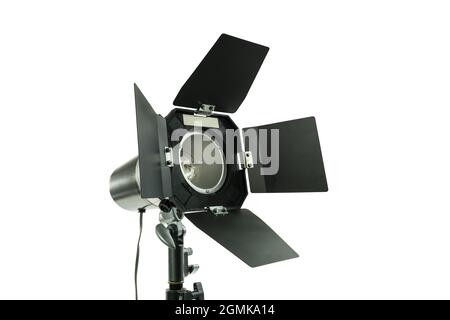 Studio Strobe Licht mit Scheunentüren isoliert auf weiß. Stockfoto