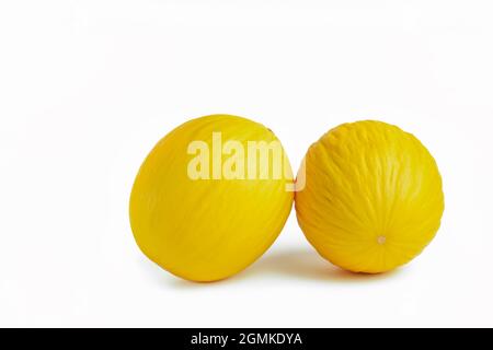 Melone auf weißem Hintergrund. Zwei gelbe Melonen auf einem weißen Isolat. Zur Einfügung in ein Projekt, Design oder eine Werbung. Stockfoto