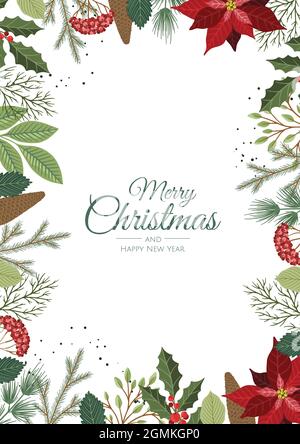 Winter Urlaub Hintergrund. Grenze mit Christbaumzweigen und Dekorationen. Ideal für Neujahrskarten, Banner, Kopfzeilen, Partyposter. Stock Vektor