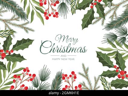 Winter Urlaub Hintergrund. Grenze mit Christbaumzweigen und Dekorationen. Ideal für Neujahrskarten, Banner, Kopfzeilen, Partyposter. Stock Vektor