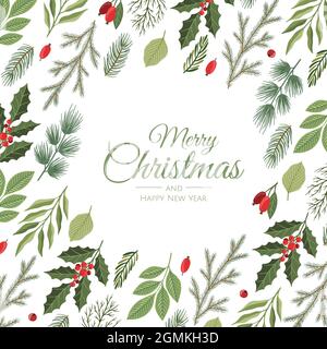 Winter Urlaub Hintergrund. Grenze mit Christbaumzweigen und Dekorationen. Ideal für Neujahrskarten, Banner, Kopfzeilen, Partyposter. Stock Vektor