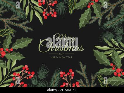 Winter Urlaub Hintergrund. Grenze mit Christbaumzweigen und Dekorationen. Ideal für Neujahrskarten, Banner, Kopfzeilen, Partyposter. Stock Vektor