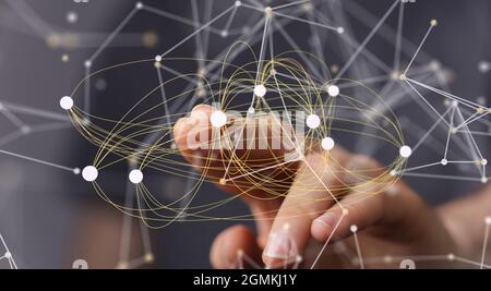Berühren eines abstrakten Netzwerks mit Linien und Punkten; Organisation, Netzwerk und Teamkonzept Stockfoto