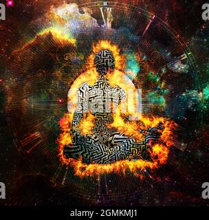 Brennender Mann mit Labyrinthmuster meditiert in Lotushaltung. Ziffernblatt und lebhafter Hintergrund. 3D-Rendering Stockfoto