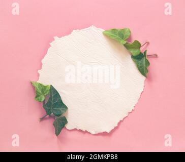 Bastelpapier blanck Note mit grünen Blättern Stockfoto