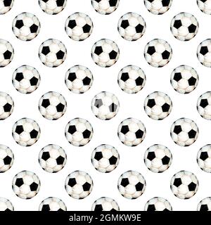 Aquarell-Illustration eines Fußballmusters. Sportsymbol. Nahtlos wiederholter Druck der WM. Isoliert auf weißem Hintergrund. Gezeichnet von h Stockfoto