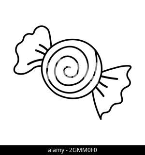 Gewickelte süße Single Candy Icon. Handgezeichnete Vektor-Illustration im Doodle-Stil isoliert auf weißem Hintergrund. Essen für Geburtstag und Urlaub Stock Vektor
