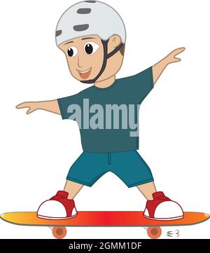 An einem sonnigen Tag war ein freundlicher Junge Skateboarding. Er ist geschickt mit seinem Skateboard skaten und sieht auch glücklich aus Stockfoto