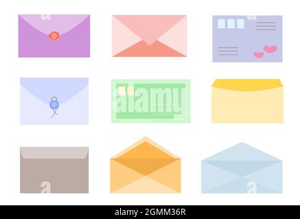 Umschlag bunt mit Post und Postkarten-Set mit Briefmarken, Siegelwachs. Brief Öffnen und Schließen eines Formulars entwirft Sammlung für Website mit Details und Elementen. Flacher Style. Vektorgrafik Stock Vektor