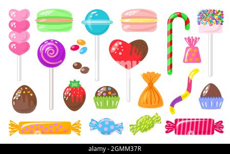 Süßwaren, Marschmalven, harte Süßigkeiten auf Stick, Dragee, Makronen, Gelee-Wurm, Schokoladenherz, Erdbeere, farbenfrohes Set. Flach und im Cartoon-Stil. Verschiedene Bonbon isoliert auf weißem Hintergrund. Vektor Stock Vektor