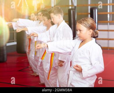 Kinder posieren zusammen und üben Karate-Bewegungen Stockfoto