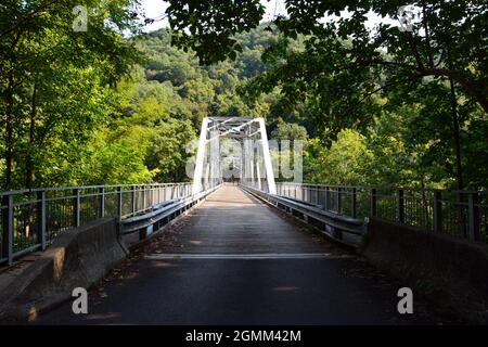 Die Hunsaker Bridge, die 1889 am Ende einer kurvenreichen Straße erbaut wurde, war die einzige Kreuzung des New River, bis die New River Gorge Bridge 1977 eröffnet wurde. Stockfoto