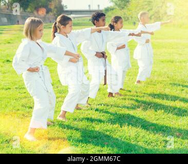 Tweenagers verschiedener Nationalitäten lernen Karate bewegt sich auf grünem Rasen Stockfoto