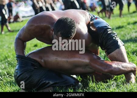 Istanbul, Türkei. September 2021. Ölwrestler ringen während des traditionellen Ulugazi Oil Wrestling Turniers in Istanbul. Viele berühmte Ölwrestler nahmen an dem Wrestlingturnier Teil, das von der Stadtverwaltung Istanbul nach 83 Jahren organisiert wurde. Kredit: SOPA Images Limited/Alamy Live Nachrichten Stockfoto