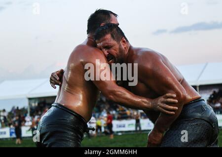 Istanbul, Türkei. September 2021. Ölwrestler ringen während des traditionellen Ulugazi Oil Wrestling Turniers in Istanbul. Viele berühmte Ölwrestler nahmen an dem Wrestlingturnier Teil, das von der Stadtverwaltung Istanbul nach 83 Jahren organisiert wurde. Kredit: SOPA Images Limited/Alamy Live Nachrichten Stockfoto