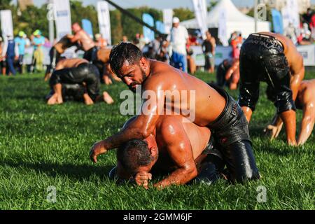 Istanbul, Türkei. September 2021. Ölwrestler ringen während des traditionellen Ulugazi Oil Wrestling Turniers in Istanbul. Viele berühmte Ölwrestler nahmen an dem Wrestlingturnier Teil, das von der Stadtverwaltung Istanbul nach 83 Jahren organisiert wurde. (Foto von Hakan Akgun/SOPA Images/Sipa USA) Quelle: SIPA USA/Alamy Live News Stockfoto