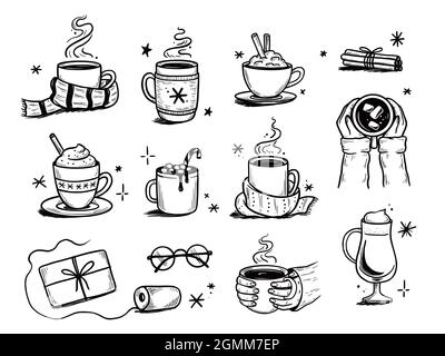 Weihnachts-Heißgetränk Set aus Winterkaffee, Tee, Schokolade. Handgezeichneter Skizzenstil. Trinkbecher, Becher mit Winterschal. Vektorgrafik. Stock Vektor