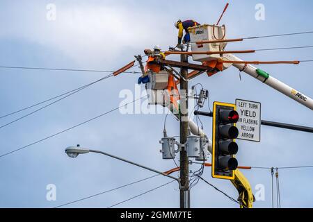 Elektrische Linearmänner, die an Stromübertragungsleitungen von Schaufelmaschinen in Metro Atlanta, Georgia, arbeiten. (USA) Stockfoto