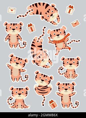 Set von niedlichen Aufklebern. Lustige Tiger in Schal und Schlittschuhe, sitzt und schläft. Vektorgrafik. Character for childrens Kollektion, Print, Design Stock Vektor