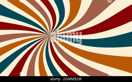 Retro-Sunburst-Hintergrund oder Starburst-Hintergrund in Jewel-Tönen von blauem Burgund rot braun orange und beige, Spiralwirbel von Farben in groovy h Stockfoto