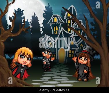 Illustration von Kindern, die in der Nacht im Freien ein Halloween-Kostüm tragen Stock Vektor