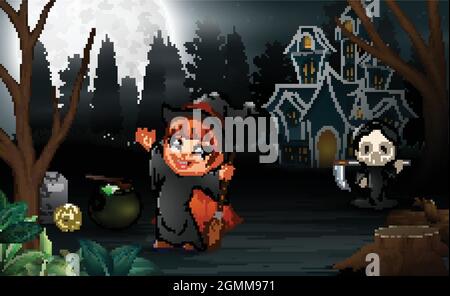 Frohes halloween mit grimmigem Schnitter und dem Hexenmädchen Stock Vektor
