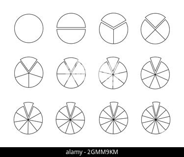 Kreise, die in Abschnitte von 1 bis 12 segmentiert sind. Torten- oder Pizzaformen, die in gleichen Scheiben in Form von Umrissen geschnitten werden. Beispiele für runde Statistiken auf weißem Hintergrund isoliert. Lineare Vektordarstellung. Stock Vektor