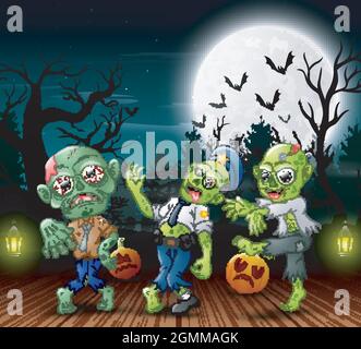 Cartoon von drei Zombie mit Mond Hintergrund in der Nacht füllen Stock Vektor