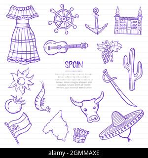 spanien Nation oder Land Doodle Hand gezeichnet mit Umriss Stil auf Papier Bücher Linie Vektor Illustration Stockfoto
