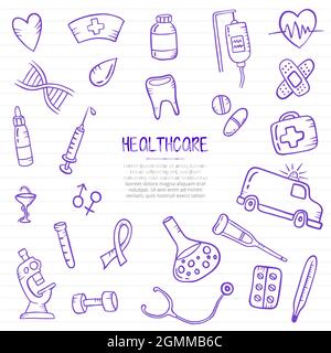 Gesundheitswesen Industrie Doodle Hand gezeichnet mit Umriss Stil auf Papier Bücher Linie Vektor Illustration Stockfoto