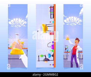 Lesezeichen mit Mann mit Kolben im chemischen Labor. Vector vertikale Banner der Bildung Präsentation der wissenschaftlichen Forschung. Cartoon-Illustration von Science Lab für Studien- und Chemieexperimente Stock Vektor