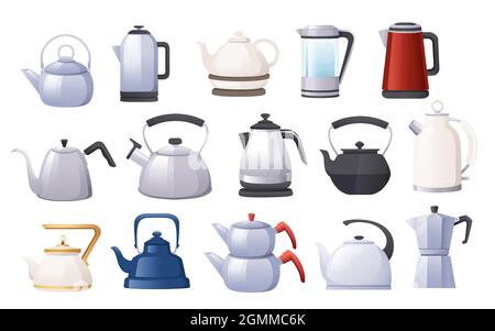 Große Sammlung von verschiedenen Arten Teekannen elektrische Kaffee Keramik und Metall Wasserkocher Vektor-Illustration auf weißem Hintergrund Stock Vektor
