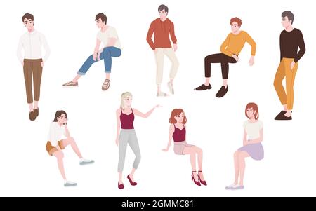 Set von jungen Menschen tragen legere Kleidung und in verschiedenen Posen Vektor-Illustration auf weißem Hintergrund Stock Vektor