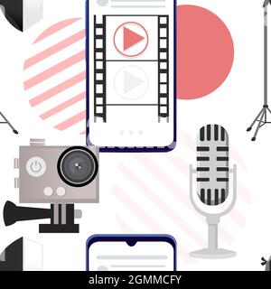 Nahtloser Muster- oder Filmproduktion Cinematography Concept Media Player auf dem Smartphone mit professionellen Werkzeugen Vektordarstellung auf weißem Hintergrund Stock Vektor