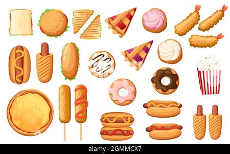 Große Sammlung von leckeren Fast-Food-Vektor-Illustration auf weißem Hintergrund Stock Vektor