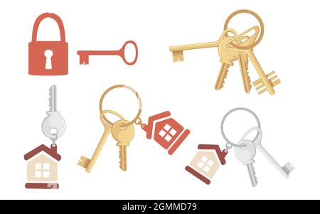 Satz von goldenen Schlüssel auf Ring mit Schlüsselanhänger Haus Schlüssel flache Vektor-Abbildung auf weißem Hintergrund Stock Vektor