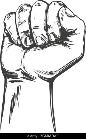 Erhobene Hand nach oben geballt in eine Faust-Symbol Cartoon Hand gezeichnet Vektor Illustration Skizze. Stock Vektor