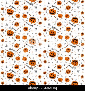 Nahtloses Muster von halloween wütend Gesichter Kürbisse, Knochen und Süßigkeiten mit Schriftzug Text Stock Vektor