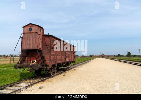 Auschwitz, Polen - 15. September 2021: Konzentrationslager Auschwitz in Polen mit Eisenbahngleisen und einem Holzwagen für den Transport von Gefangenen i Stockfoto
