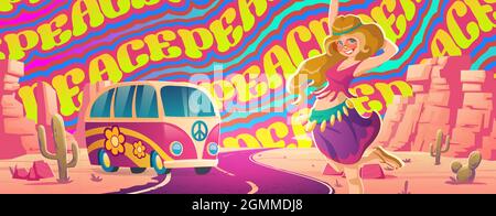 Friedens-, Liebe- und Musikposter mit Hippie-Mädchen auf der Straße in der Wüste mit psychedelischem Muster auf dem Hintergrund. Vektor-Cartoon-Illustration von Vintage-Van und glückliches Mädchen in der Wüste mit Felsen und Kakteen Stock Vektor