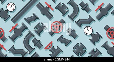 Rohrverschraubungen, Gewindebohrer, Biegungen und Fittings. Ersatzteile für Pipelines, Kanalisation, Gasleitungen und jegliche Flüssigkeitszufuhr. Illustration Nahtlos Patten Vektor. Stock Vektor