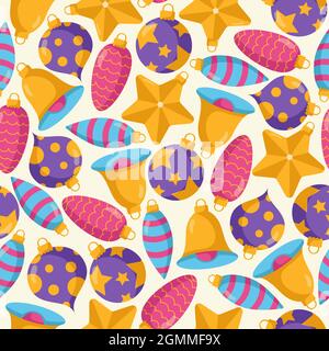 Nahtlose Muster von Weihnachtsbaum Spielzeug in flachem Stil isoliert auf einem beigen Hintergrund. Stock Vektor